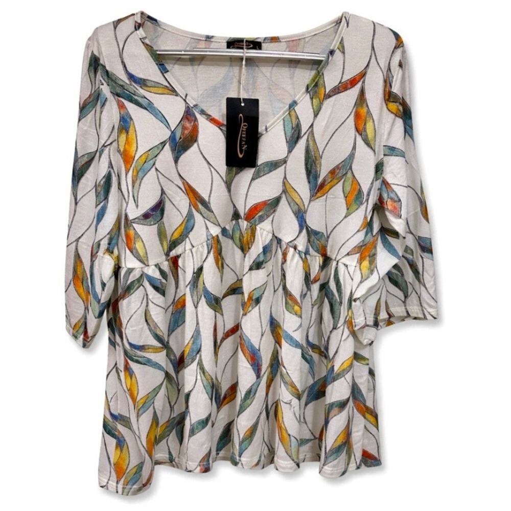 NWT OFEEFAN Wns Large Boho Coastal Leaf Print VNeck 3/4 Sleeve Flowy Tunic top